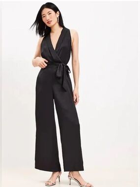 LOFT Black Satin Jumpsuit with Optional Tie Waist